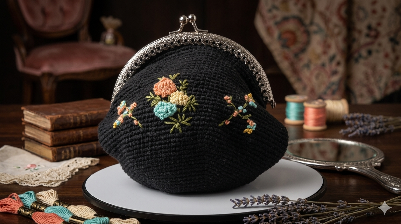 Geleneksel Motifli Siyah Örme Portföy Çanta